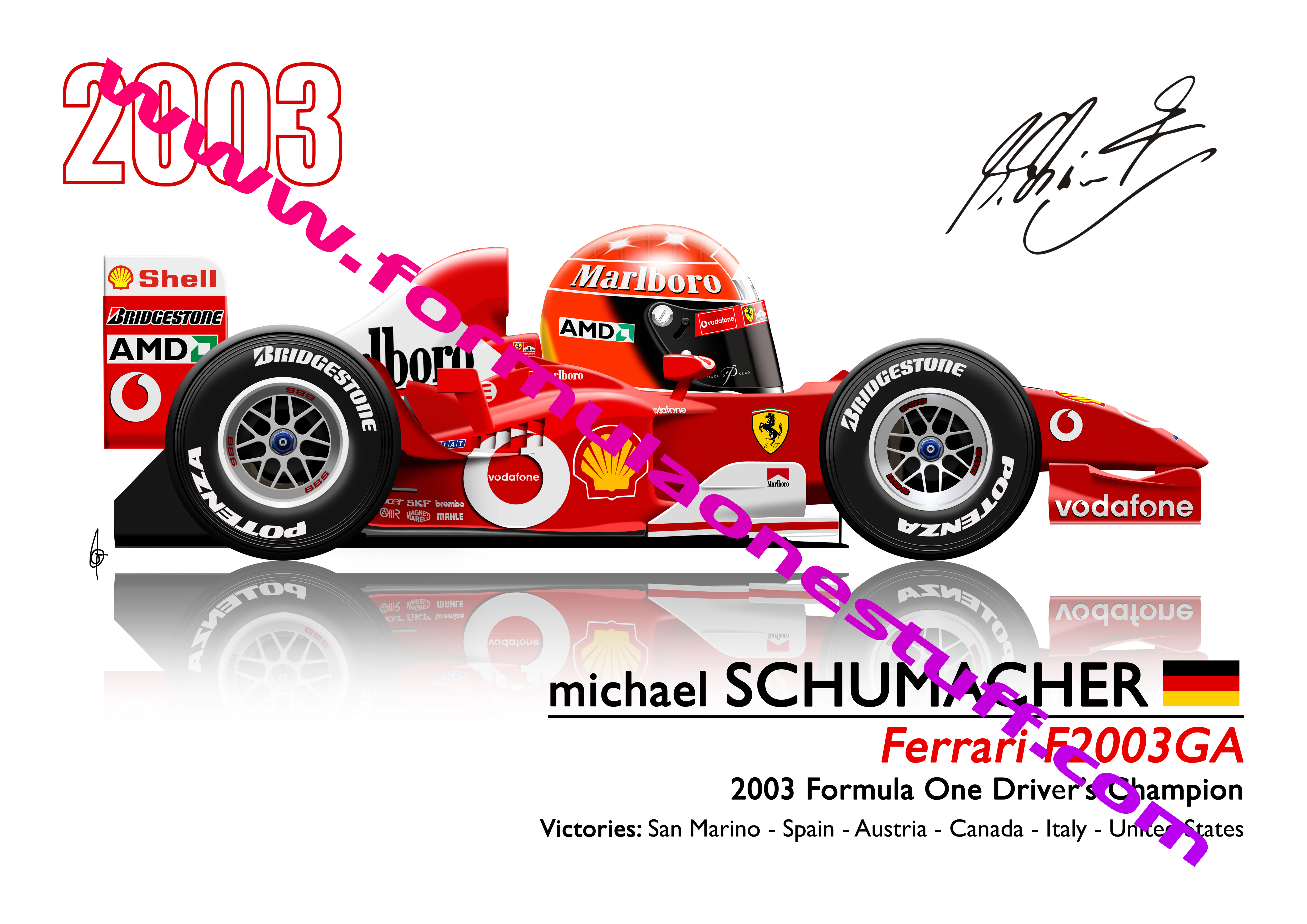 Signed TOONZ Ferrari Michael Schumacher 2003 F1 driver cartoon poster – limited edition A3 satin print